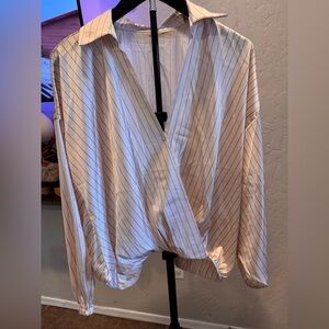 By Together Cream and Blue Striped V-Neck Wrap Blouse